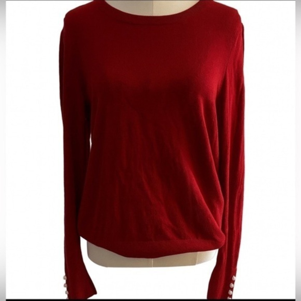 LOFT Deep Red Pearl Button Sweater Large Puff Sleeve Preppy Romantic Workwear